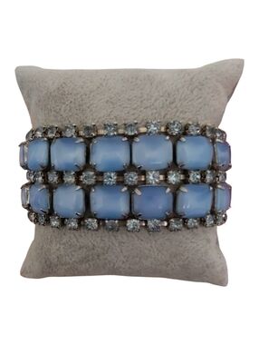 Vintage Blue Glass & Rhinestone Wide Bracelet Silver Tone Statement Retro Glam
